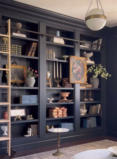 Dark Grey Library, Dark Grey Bookshelves, Dark Built In Bookshelves, Restoration Hardware Bookcase, Dark Bookshelf Styling, Spare Room Dressing Room Ideas, Wall Showcase Design, Bookshelves Bedroom, Painted Built Ins