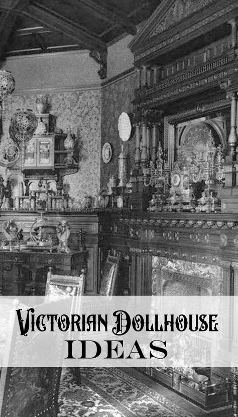 Victorian room with the words Victorian dollhouse ideas Diy Victorian Dollhouse Furniture, Victorian House Architecture, Victorian Dollhouse Interior Ideas, Diy Haunted Dollhouse Ideas, Victorian Dollhouse Interior, Real Interiors, Halloween Doll House, Diy Dollhouse Accessories, Victorian Dollhouse Furniture