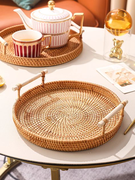 1pc Round Rattan Tray With Double Handle, Round Snack Tray For HouseholdI discovered amazing products on SHEIN.com, come check them out! Bamboo Kitchen Decor, Bamboo Decoration Ideas, Rattan Tray Decor, Boho Dinnerware, Round Rattan Tray, Woven Trays, Bamboo Kitchen, Rattan Tray, Kitchen Tray