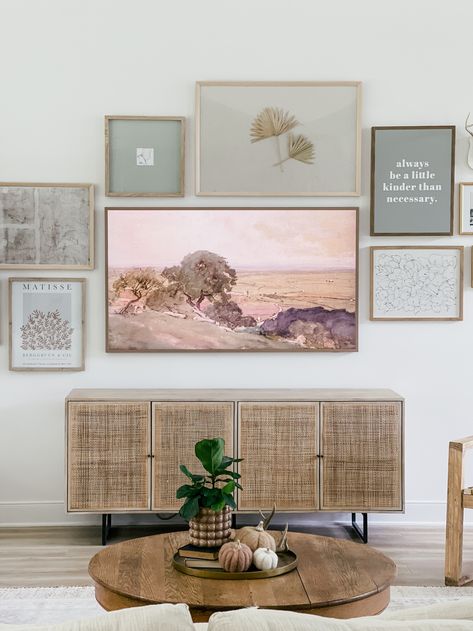 Hannah Sideboard, Tv Gallery Wall Ideas, Frame Tv Gallery Wall, Tv Gallery Wall, Decor Around Tv, Tv Ideas, Family Room Makeover, Money Pit, Gallery Wall Living Room