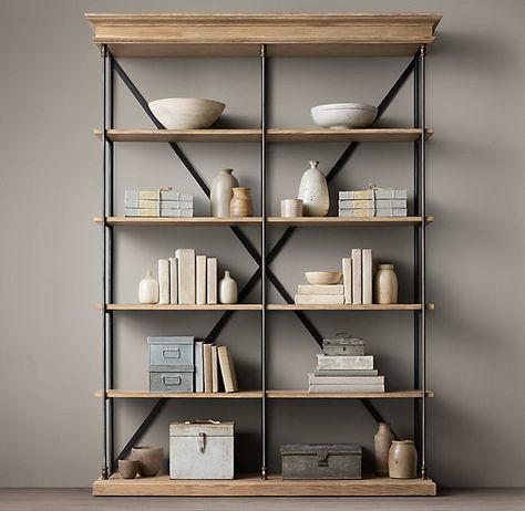 Hallway Library, Cafe Industrial, Wide Bookcase, Rh Rugs, Ikea Bookshelves, Studio Loft, Loft Interior, Vintage Industrial Decor, Wood Bookshelves