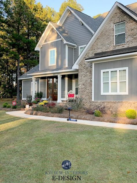 Grey House With Brick, Grey Siding With Brick, Tan Siding With Brick, Siding And Brick Exterior, Gray Brick Exterior, Brown Brick Exterior, Brick And Siding Exterior, Brown Brick Houses, Gray Siding