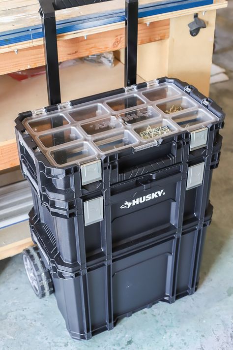 Husky Rolling Tool Box Review Husky Tool Box, Workshop Hacks, Jen Woodhouse, Kids Package, Portable Tool Box, Rolling Tool Box, Trailer Storage, Tool Cart, Tool Box Organization