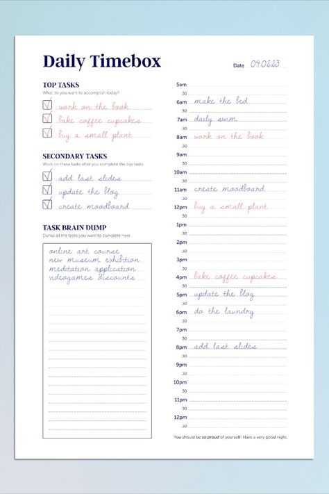 A simple and effective way to manage your time and stay on track.

This planner helps you break down your day into 15-minute intervals, so you can see exactly where your time is going. You can also set goals for each day, so you can stay focused and motivated.

With this planner, you'll be able to:

 Track your time and see where it's going
 Set goals and stay motivated
 Improve your productivit Time Blocking Journal, Daily Time Blocking Template, 2024 Daily Planner, Day Planner Printables Free, Timeboxing Template, Time Blocking Printable Free, Sahm Hacks, Timeboxing Planner, Time Block Template