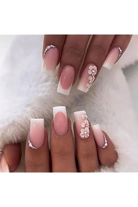 Medium Square Press on Nails French Tip False Nails with Flower and Rhinestones Design Full Cover Nails Pink Glue on Nails Gift for Women and Girls Medium Square French Tip, Acrylic Nails With Rhinestones, Glossy Acrylic Nails, Square French Tip, French Tip Fake Nails, Nails Medium Square, Nails Gradient, Nails Inspiration Classy, Nails With Rhinestones