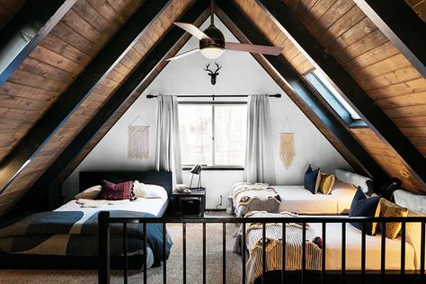 A Rustic Bohemian A-Frame Cabin in Big Bear | Musings on Momentum Cabin Loft, A Frame Cabins, A Frame Cabin, Attic Bedroom, A Frame House, Cabin Life, Loft Spaces, Big Bear, Futurism