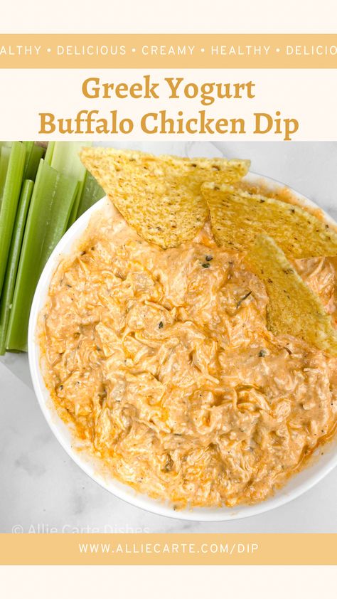 Greek yogurt Buffalo chicken dip (hot wing dip) Yogurt Buffalo Chicken Dip, Hot Wing Dip, Healthy Buffalo Chicken Dip, Healthy Dip Recipes, Greek Yogurt Dips, Chicken Dip Recipe, Buffalo Chicken Dip Recipe, Healthy Greek Yogurt, Greek Yogurt Recipes