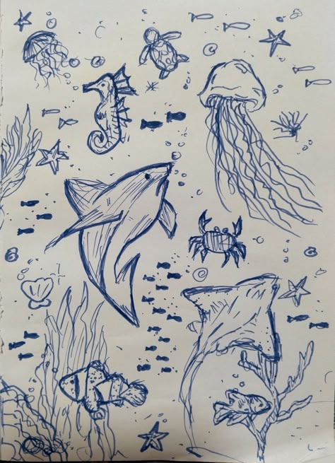 ᡣ𐭩 •｡ꪆৎ ˚⋅ #aesthetic #jellyfish #fish #ocean #sea #starfish  #draw #drawing #sketch #cute #doodles #shark Ocean With Fish Drawing, Sea Core Drawing, Sea Drawings Aesthetic, Simple Ocean Drawing Ideas, Ocean Cute Drawing, Bottom Of Ocean Drawing, Sea Themed Doodles, Underwater Ink Drawing, Ocean Related Drawings