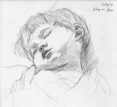 Quick sketchbook idea-sleeping children. I had written earlier about drawing ideas for busy people. Tonight, my son fell asleep in our recliner waiting for his mother to come read to him. While he missed out on story time, he did provide an opportunity for me to put my own advice into practice. Portraits drawing, drawing people, drawing children, sketching children, how to sketch people, people drawing sketches, drawing of people sketches, how to sketch, learn to sketch, art techniques. Paintings Of People Sleeping, How To Quickly Sketch People, People Sleeping Drawing, Drawing Children Faces, How To Draw Children, People To Sketch, Sketched People, Sleeping Sketch, How To Sketch People