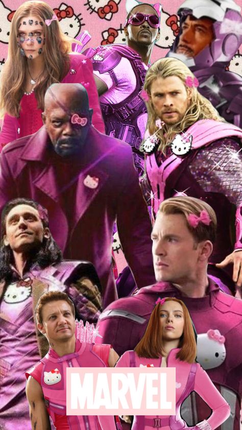 #avengers #hellokitty #pink #marvel #mcu #aesthetic #shuffle Pink Avengers Wallpaper, Avengers Pink Aesthetic, Pink Marvel Poster, Marvel Pastel Aesthetic, Marvel Collage Aesthetic, Pink Marvel Wallpaper, Pink Marvel Aesthetic, Nerd Office, Mcu Wallpaper