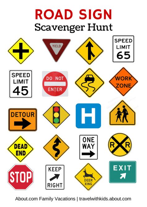 15 Free Printable Road Trip Activities and Games for Kids | Mama Cheaps Road Sign Scavenger Hunt, Printable Travel Games, Fun Road Trip Games, Road Trip Activities, Desain Buklet, Road Trip Games, Seni 2d, Road Trip With Kids, Road Sign