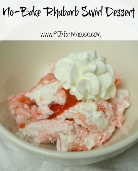 No-Bake Rhubarb Swirl is a great potluck dessert that has a tartness from rhubarb juice and a sweetness from jello and cool whip Rhubarb Fluff, Jello And Whipped Cream, 1905 Farmhouse, Rhubarb Dessert, Nobake Dessert, Potluck Dessert, Rhubarb Juice, Diy Home Renovations, Dessert Christmas