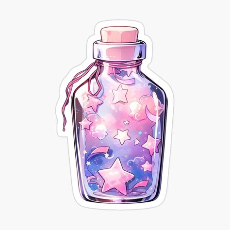 Universe In A Bottle, Galaxy Bottle, Pink And Purple Galaxy, Kawaii Bottle, Kawaii Galaxy, Kawaii Stars, Purple Stickers, Pastel Pink And Purple, Pastel Stickers