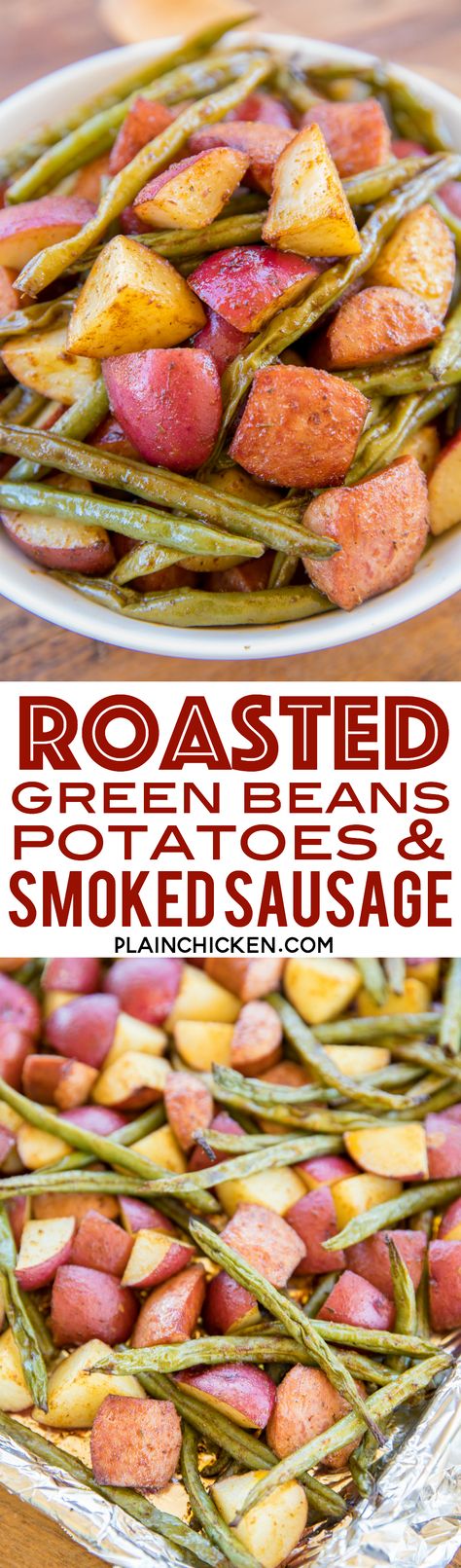 Roasted Green Beans, Potatoes and Smoked Sausage - easy sheet pan meal! Can be a main dish or side dish. SO easy! Only 5 ingredients and ready in 40 minutes!! Red potatoes, green beans, and smoked sausage tossed in olive oil and cajun seasoning. Great weeknight meal! #sheetpanmeal #sidedish #veggies Sausage Potatoes And Green Beans Oven, Roasted Potatoes Russet, Sausage Potatoes Green Beans, Potatoes And Smoked Sausage, Green Beans Red Potatoes, Skillet Suppers, Oven Green Beans, Sausage And Green Beans, Baked Red Potatoes