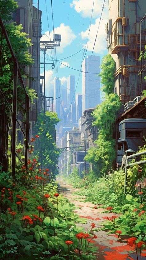 Overgrown City Painting, Overgrown Futuristic City, Apocalypse City Drawing, Overgrown Cyberpunk City, Solarpunk Apocalypse, Overgrown City Art, Overgrown City Aesthetic, Solarpunk Wallpaper, Solar Punk Minecraft