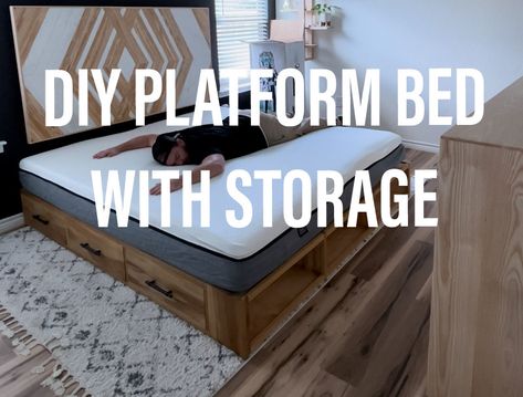 Queen Bed Frame Platform, Diy Bed With Storage Underneath, Diy King Bed Frame With Storage, Diy Platform Bed With Storage, Diy Bed Frame With Storage, Diy Modern Bed, Queen Bed Frame Diy, Build A Platform Bed, Diy King Bed