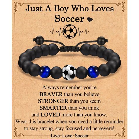 PRICES MAY VARY. ⚽【Soccer Gifts for Boys】-Special design with a cool soccer charm for a boy who loves soccer, send this soccer themed bracelet to remind him that remember you are Braver than you believe, Stronger than you seem, Smarter than you think, and Loved more than you know. ⚽【High-Quality】-This soccer bracelet for boys is made of black agate stone and tiger eye stone with a zinc alloy soccer charm, bring lucky and positive energies. Wear this soccer bracelet when you need a little reminde Soccer Awards For Kids Ideas, Birthday Gifts For Boy Best Friend, Soccer Bracelets, Hockey Bracelet, Soccer Bracelet, Soccer Senior Night, School Christmas Gifts, Baseball Bracelet, Boys Bracelets