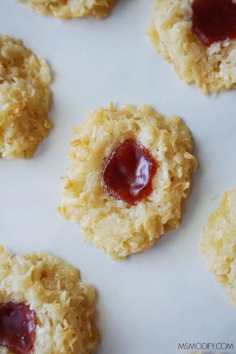 A twist on a classic favorite, these coconut macaroon thumbprint cookies are both gluten free and dairy free! When you think of thumbprint cookies, a shortbread base is what most often comes to mind Coconut Thumbprint Cookies, Gluten Free Coconut Macaroons, Coconut Macaroon, Gf Cookies, Smothered Pork, Thumbprint Cookies Recipe, Smothered Pork Chops, Cookie Time, Coconut Macaroons