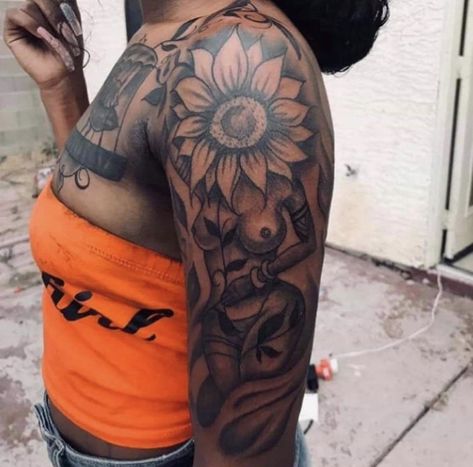 Sunflower Woman Tattoo, Upper Sleeve Tattoo Women Black, Sunflower Tattoo Black Women, Tattoo Designs Fine Line, Tattoo Designs Minimalist, Half Sleeve Tattoo Upper Arm, Female Sleeve Tattoo, Fine Line Tattoo Designs, Line Tattoo Designs