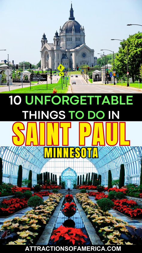 Image of Como Park Zoo and Cathedral of St Paul with text overlay reading 10 unforgettable things to do in Saint Paul Minnesota. St Paul Mn Things To Do, Places To Visit In Minnesota, Things To Do In St Paul Minnesota, St Paul Minnesota Things To Do, Saint Paul Minnesota, Minnesota Day Trips Kids, Minnesota Bucket List, Cathedral Of St Paul Minnesota, Duluth Minnesota