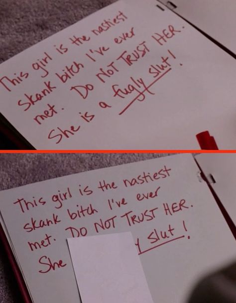 Regina’s handwriting in the Burn Book changes from shot to shot. | 17 Subtle Mistakes You Probably Never Noticed In "Mean Girls" Mean Girls Party, Mean Girls Burn Book, Cady Heron, Mean Girl Quotes, Mean Girls Movie, Shot Book, Movie Mistakes, Burn Book, Regina George