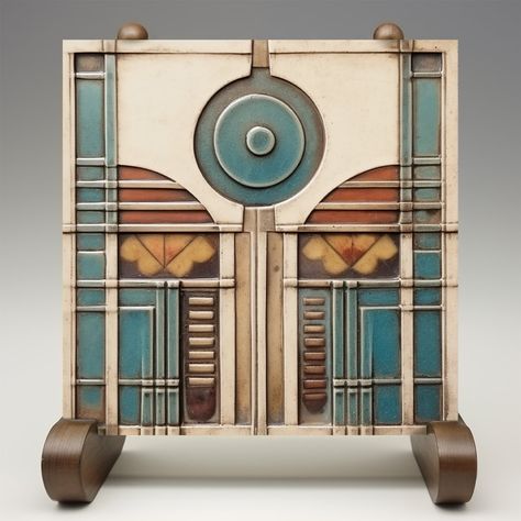 This "Art Deco Fan and Circle Ceramic Print Tile" captures the essence of the Art Deco era with its fan motifs and bold circular centerpiece. The design combines a symphony of teal, tan, and rust hues, harmonized with geometric precision on a creamy canvas. This tile print, though smooth and flat, mirrors the original's depth and texture, making it a striking addition to any room seeking a touch of vintage flair. It's perfect for creating a focal point in your living space, adding an artful back Art Deco Kitchen Tile, Art Deco Mandala, Garden Entrances, Kokopelli Art, Arts And Crafts Interior Design, Craftsman Tile, Art Deco Kitchen, Art Deco Abstract, Art Deco Bar