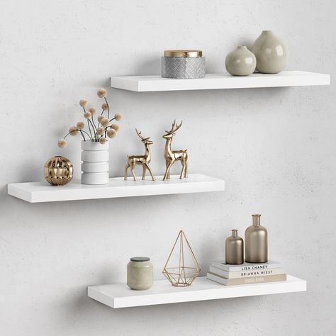 PRICES MAY VARY. 【Perfect solution for your walls】Forbena white floating shelves are 3 SAME SIZE boards (23.6" x 7.8" x 1.2") and made of medium density fiberboard (MDF) with laminate matte finish, are a great addition if you need extra storage space or if you want to add wall decors. These wall shelves can free up floor & counter spaces and make places much tidier and neater. 【Longer & Wider & Stronger】The classic design of floating shelves for wall fixed with hidden durable dual-pipe iron brac Long Wall Shelves, Floating Storage Shelves, White Wall Shelves, Floating Shelves Bedroom, Black Floating Shelves, Shelves For Wall, White Wood Wall, White Floating Shelves, White Shelves