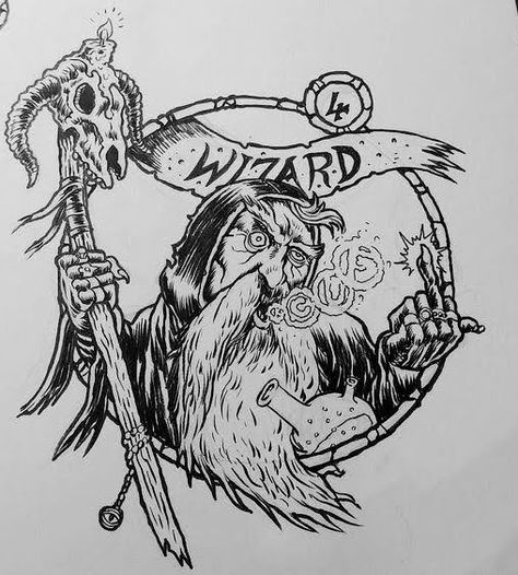 Wizard Tattoo Design, Wizard Sketch, Witches Tattoo, Wizard Ideas, Wizard Tattoo, Norse Mythology Tattoo, Pinball Wizard, Illustration Fantasy, Dungeons And Dragons Art