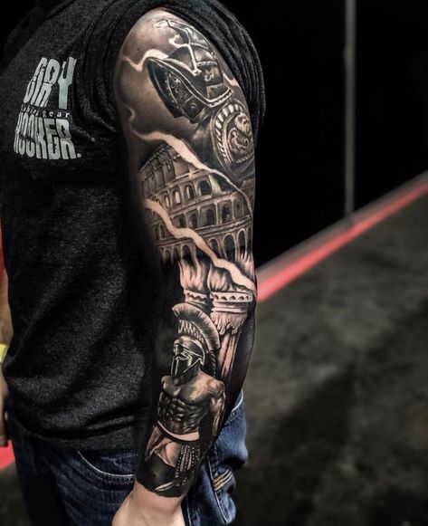 Roman Arm Tattoo Men, Gladiator Tattoo Sleeve For Men, Roman Arm Tattoo, Roman History Tattoo, Roman Leg Tattoo, Tattoo Sleave Ideas Men, Roman Tatoos Men, Roman Leg Sleeve, German Inspired Tattoos