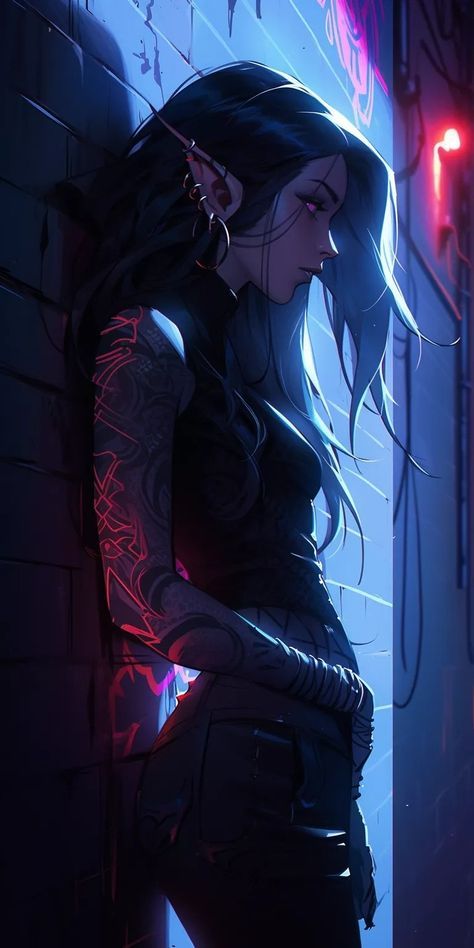 Vampire Character Design Modern, Cyberpunk Elf Female, Modern Elf Character Design, Shadowrun Mage, Modern Vampire Character Design, Dark Elf Anime, Shadowrun Character Art, Cyberpunk Female Character Art, Shadowrun Elf