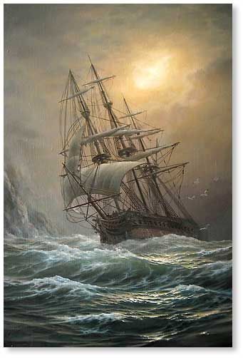 Vlaschenko Valentine (Ukrainian/Russian: 1955) | Ship in a storm | canvas, oil 23.6"x35.4", 2010 Ship In A Storm, Navi A Vela, Old Sailing Ships, Maritime Art, Clipper Ship, Rough Seas, Ghost Ship, Ship Drawing, Sailing Vessel