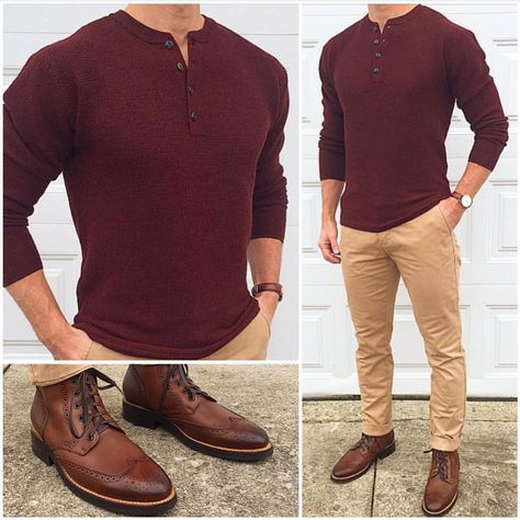 Burgundy and tan is always a great option❗️👌🏼👍🏼👍🏼 Do you like this outfit❓  Boot Mens Business Casual Outfits, Mode Casual, Brown Shoes, Mens Fashion Casual Outfits, Stylish Mens Outfits, Outfits Spring, Brown Pants, Business Casual Men, Men Fashion Casual Outfits