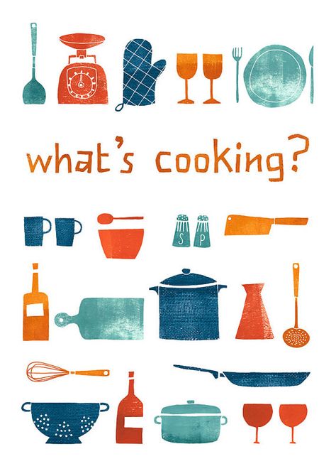 Cookbook Design, Mid Century Illustration, Illustration Food, Kitchen Prints, What To Cook, Cooking Kitchen, Food Illustrations, Kitchen Art, Kitchen Items