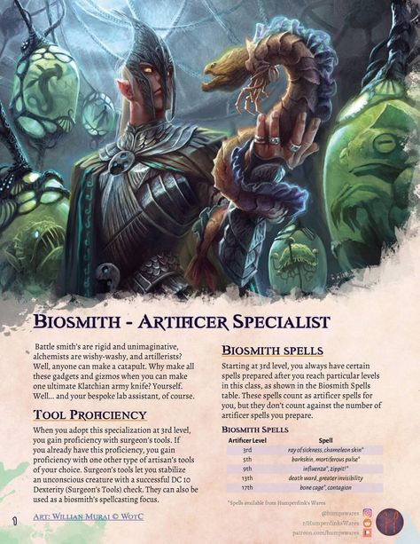 Biosmith – Artificer Subclass – Make your own friends – Feedback Requested! - Imgur Fantasy Sickness, Dnd Artificer Art, Dnd Artificer Character Design, Dm Inspiration, Homebrew Classes, Dnd Dm, Dungeons And Dragons Races, Dnd Inspiration, Dnd Homebrew