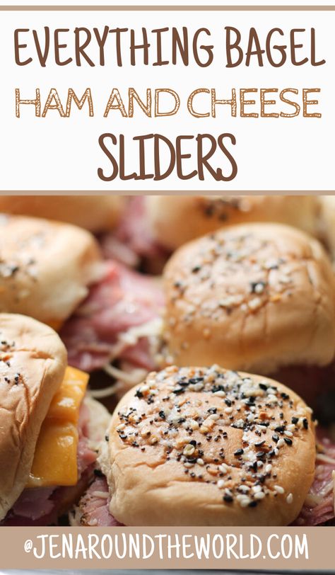 These everything bagel ham and cheese sliders are a great way to use up leftover ham. Serve them on sweet Hawaiian rolls and top with everything bagel seasoning. Sliders Recipes Hawaiian Rolls, Roll Sliders, Ham And Swiss Sliders, Ham Cheese Sliders, Ham Sliders, Hawaiian Roll Sliders, Ham And Cheese Sliders, Bagel Toppings, Hawaiian Roll