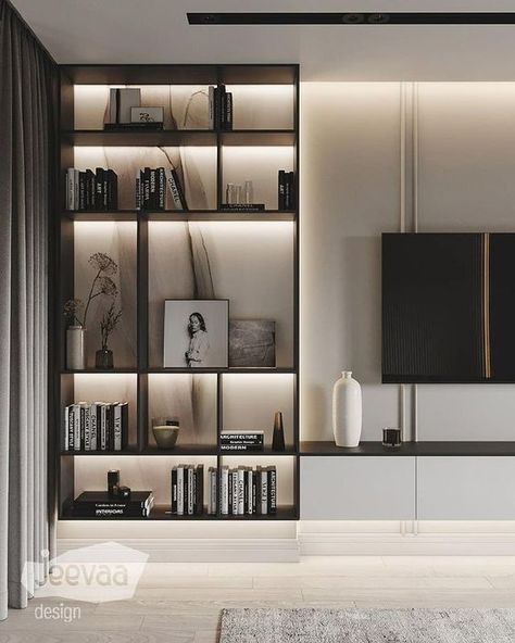 Modern Bookcase Design, Desain Pantry, House Interior Living Room, House Interior Decor Ideas, Bookcase Design, Muebles Living, Modern Bookcase, Interior Living Room, Tv Wall Design