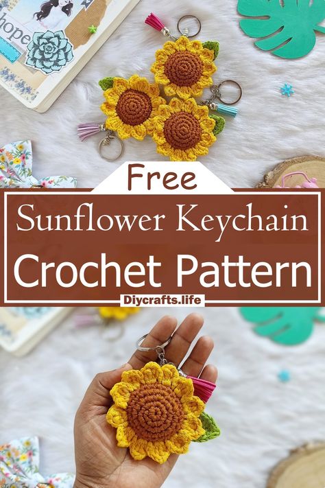 Crochet Sunflower Keychain Pattern Free, Keychain Patterns Free, Sunflower Crochet Keychain, Crochet Sunflower Keychain, Crochet Keychain Patterns, Keychain Patterns, Bunting Pattern, Crochet Flower Headbands, Crochet Brooch