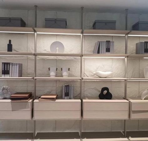 Modular illuminated shelving unit wrapped in leather. Something new we might be adding to collection. DM for details. Floating Wall Unit, Wall Mounted Shelving Unit, Wall Shelving Systems, Lounge Chair Bedroom, Wall Shelf Unit, Wall Shelving Units, Wall Shelving, Bedroom Cabinets, Designer Wall