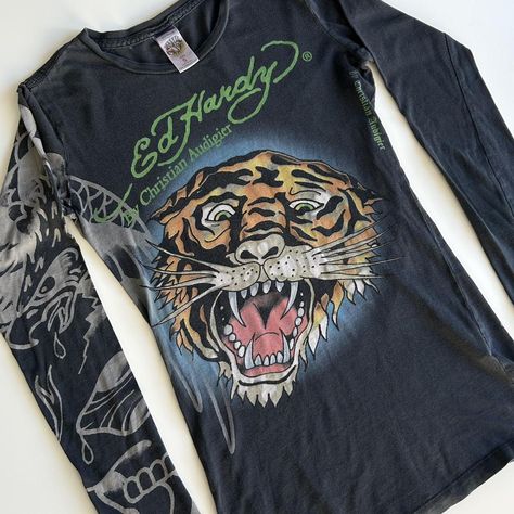 Ed Hardy x Christian Audigier Long Sleeve Ed Hardy... - Depop Ed Hardy Designs Graphics, Ed Hardy Aesthetic, Ed Hardy Clothes, Thrifting Clothes, Ed Hardy Long Sleeve, Ed Hardy Shirt, Ed Hardy Y2k, Ed Hardy Designs, Decorate Clothes