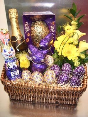 The Project Table: Easter basket inspiration.Love this for adult children - and the flowers! Super idea! Adult Easter Baskets, Easter Hamper, Easter Gift For Adults, Raffle Basket, Adult Easter, Project Table, Easter Basket Ideas, Easter Gift Baskets, Easter Time