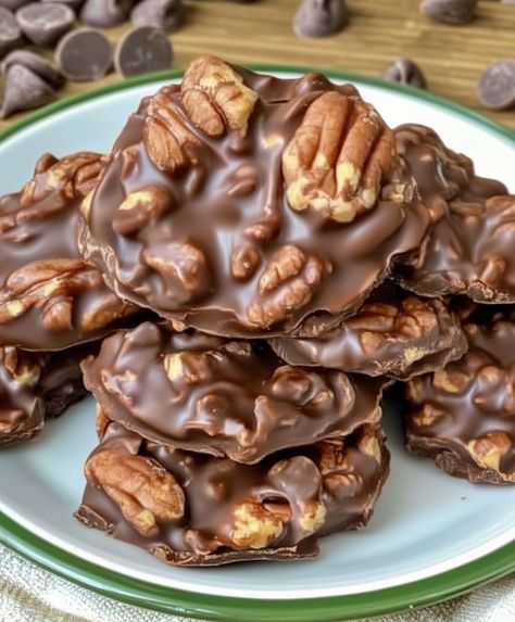 Chocolate Pecan Turtle Clusters - Valerie Recipes Chocolate Pecan Clusters, Chocolate Pecan Turtle Clusters, Turtle Treats, Pecan Turtle Clusters, Turtle Clusters, Pecan Clusters, Cowboy Cookie Recipe, Pecan Turtles, Coconut Cookies Recipes