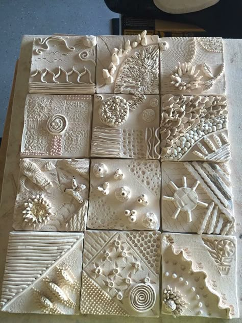 Textured Clay Tiles, Clay Texture Tiles, Textured Ceramic Tiles, Clay Relief Tiles Ideas, Clay Wall Tiles, Ceramic Art Tiles, 3d Ceramic Tiles, Texture Clay Ideas, Clay Tiles Designs Ideas