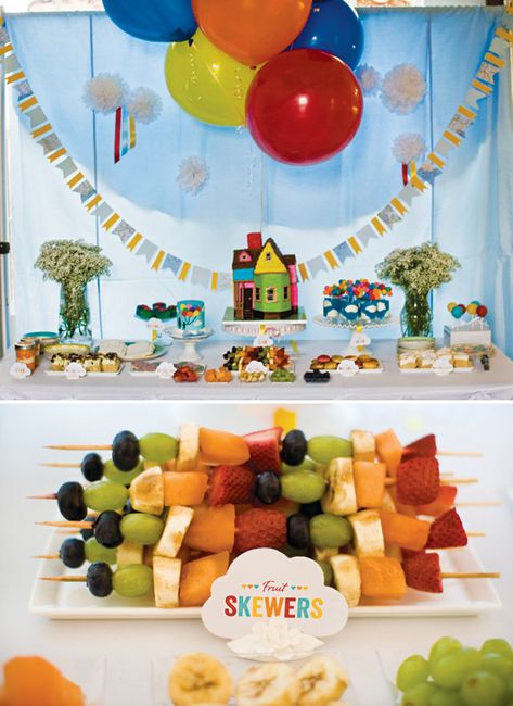 Up Themed Birthday Party Pixar Food, Baby Food For 1 Year, Balloon Smash Cake, Up Themed Birthday Party, Up The Movie, Rainbow Fruit, 1st Birthday Themes, House Cake, Party Hostess