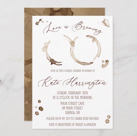 Love is Brewing! Bridal Shower invitation, 5x7 printable, watercolor, coffee, coffee stains, brown, white, watercolor, modern, minimalist Bridal Shower Favors Coffee Theme, The Perfect Blend Bridal Shower Ideas, Love Is Brewing Engagement Party, Coffee Themed Bridal Shower Ideas, Love Is Brewing Bridal Shower Ideas, Coffee Bridal Shower, 2026 Wedding, Love Is Brewing, Announcement Photos