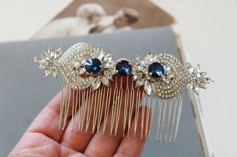 Sapphire Blue Art Deco Hair Comb Bridal Hair Comb Art Deco - Etsy UK Art Deco Headpiece, Blue Wedding Hair, Headpiece Wedding Hair, Vintage Headpiece, Prom Hair Accessories, Art Deco Hair, Wedding Hair Head Piece, Hair Comb Bridal, Vintage Hair Clips