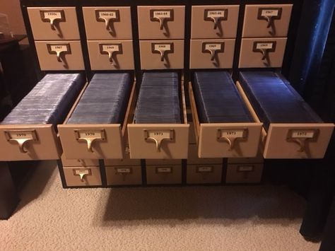 My storage solution for vintage baseball cards.  A refurbished Library Card Catalog.  Each drawer holds about 350 cards in Semi-Rigid card holders. Trading Card Storage Diy, Card Organization Ideas, Collector Card Display Ideas, Trading Card Storage Ideas, Baseball Card Storage Ideas, Card Collection Display, Pokemon Card Storage, Card Collection Storage, Mtg Storage