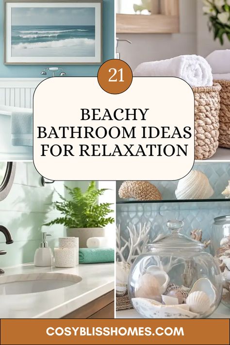 21 fabulous bathroom ideas to create your very own coastal escape! From mosaic tile accents to woven baskets, discover how you can add marine-inspired elements to make your bathroom feel like a beach retreat. Add oil-rubbed bronze finishes for that polished touch or display seashell collections to connect with the ocean vibe. Bring a splash of tranquility to your home with these easy yet stylish tips. For a spa-like sensation at home, transform your bathroom with these creative design suggestions! Bathroom Design Coastal Style, Ocean Inspired Bathroom Design, Bathroom Coastal Decor Ideas, Coastal Chic Bathroom Ideas, Caribbean Bathroom, Beachy Bathroom Ideas, Ocean Inspired Bathroom, Ocean Bathroom Ideas, Coastal Chic Bathroom