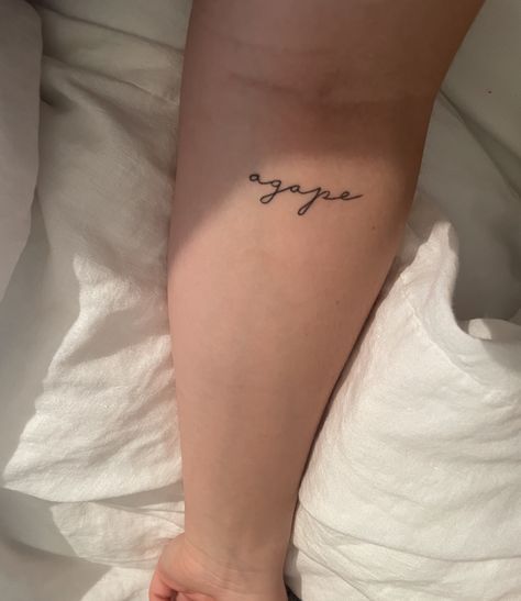 Fine Line Tattoo Above Knee, Agape Tattoo For Women, Tiny Christian Tattoos For Women, Dainty Tattoos Christian, Minimalist Tattoo Christian, Izzy Tattoo, Tiny Bible Tattoos, Dainty Christian Tattoos, Agape Tattoo