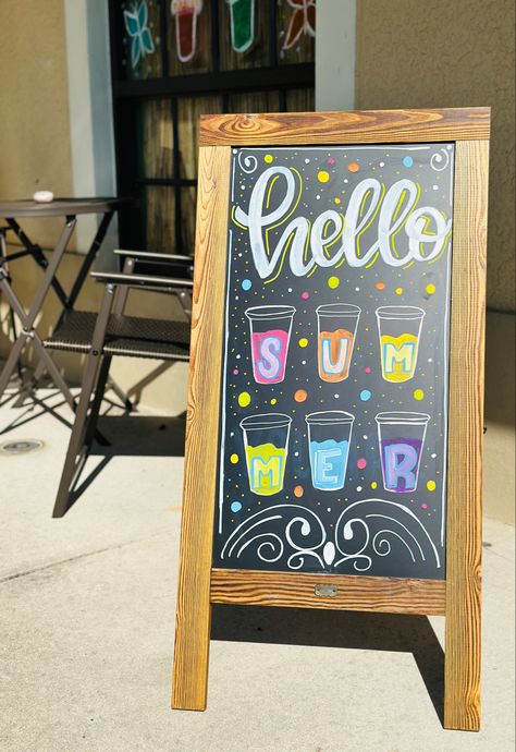 Herbalife Chalkboard Ideas, Chalk Board Signs For Stores, Summer Coffee Chalkboard Art, Chalk Menu Board Ideas Coffee Shop, Boba Chalkboard Sign, Summer Chalkboard Ideas, Restaurant Chalkboard Ideas Summer, Coffee Shop Signage, Summer Restaurant Chalkboard