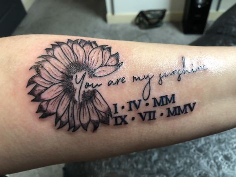 Mom Saying Tattoos, You Are My Sunshine Tattoo Sleeve, You Are My Sunshine Tattoo Forearm, You Are My Sunshine Tattoo With Sunflower, You Are My Sunshine Tattoo For Son, You Are My Sunshine Memorial Tattoo, Tattoo Ideas Mom And Kids, Tattoo Ideas For Kids Names For Moms, Sunflower Tattoo With Kids Names